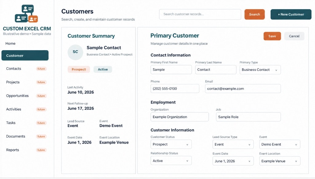 Custom Excel CRM — customer management dashboard