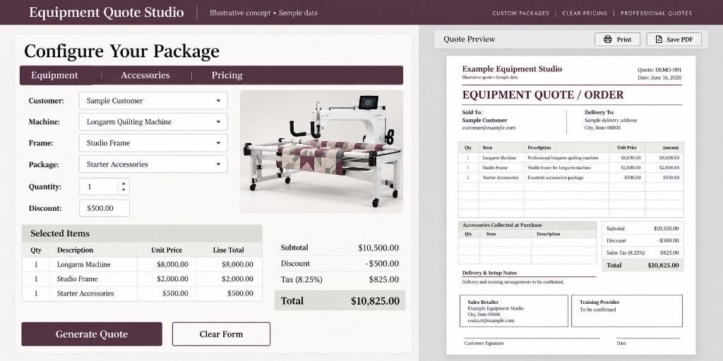 Custom Excel quoting system — equipment quote studio